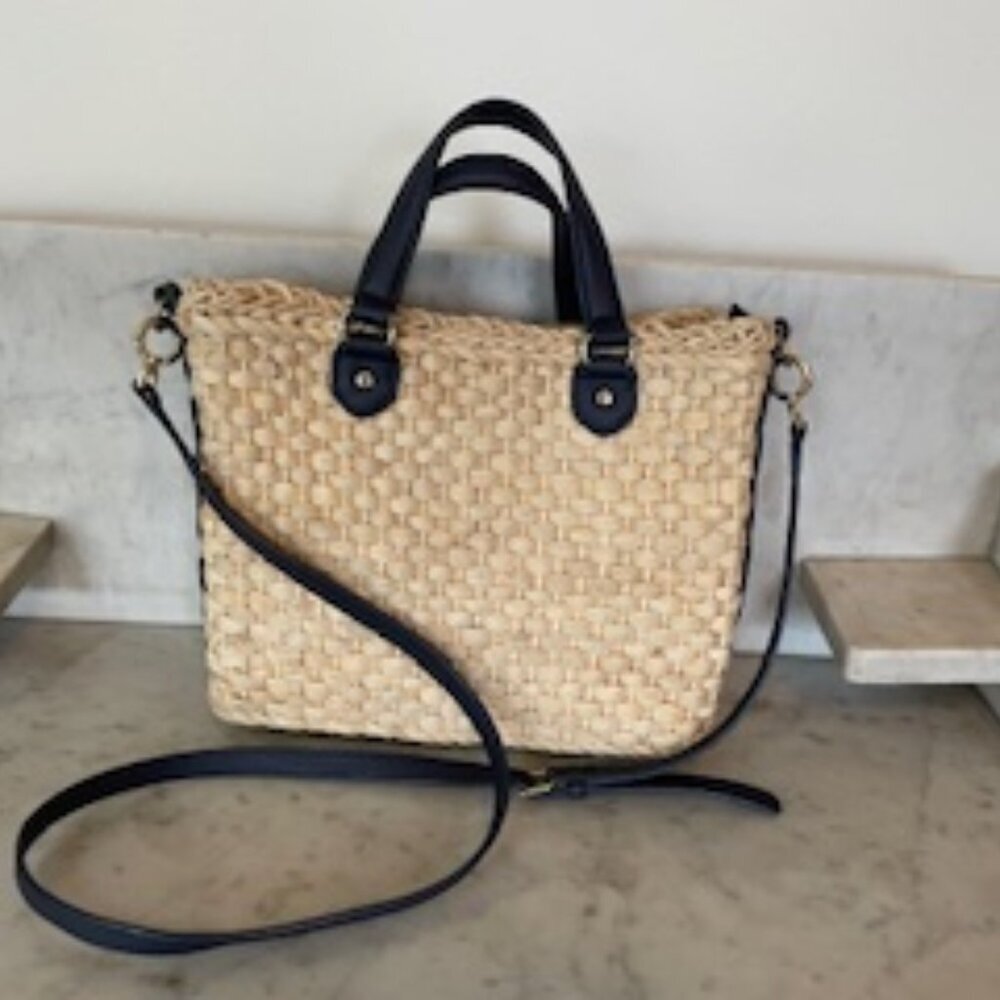 TALBOTS Straw Crossbody Bag Natural with Navy Leather Handles/Strap